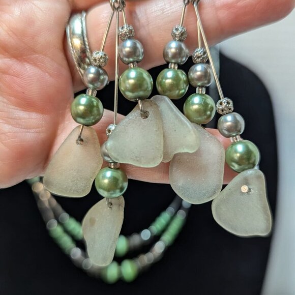 Silver Tone Green Bead Circle Round Dangle Drop Earrings Necklace Set Jewelry - Picture 3 of 10